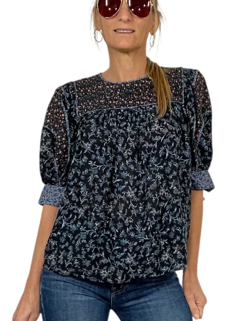 Ulla Johnson Stella Pintucked Top Blouse 6 Floral Puff Short Sleeve